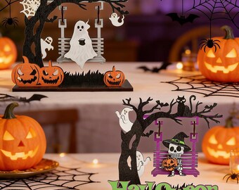 Halloween Decorations Indoor - Primitive Halloween Swing Ghost Skeleton, Wooden Ghost Swing Decor for Table Centerpieces, Mantels, Shelves