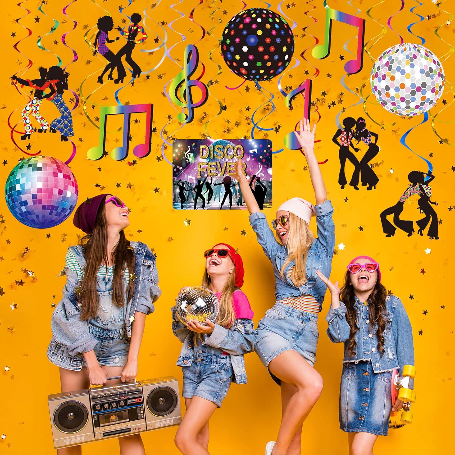 Disco Party Hanging Swirl Decorations | 30-Pack 70s Theme Ceiling Ribbons | Disco Ball Pattern Party Supplies