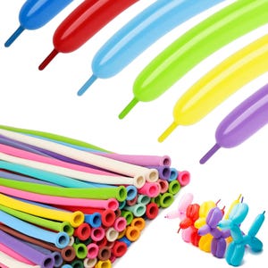 May include: A collection of long, thin modeling balloons in various colors including blue, red, light blue, green, yellow, purple, pink, white, and brown. Several balloons are inflated and twisted into animal shapes in the bottom corner.