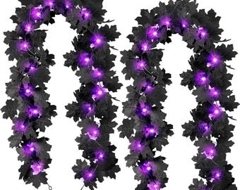 Halloween Black Leaf Garland with Purple Lights, 2 Pack Halloween Artificial Hanging Fall Leave Vines, 20 LED Fall Floral Garlands