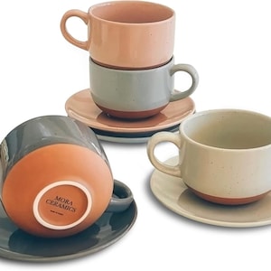 8oz Cappuccino Mug Set of 4 - Ceramic Coffee Cups with Saucers - Microwave and Dishwasher Safe, Perfect For Tea, Espresso, Latte