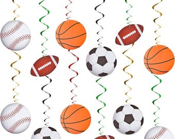 24 Pieces Sports Hanging Swirl Decorations Baseball Basketball Football Soccer Hanging Swirls Whirls Sport Theme Ceiling Streamers.