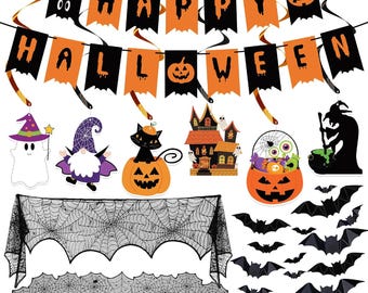 Halloween Decorations Indoor Halloween Festive Decor Happy Halloween Banner, Halloween Hanging Swirls Spider Web Table Runner & Mantel