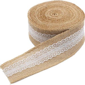 Natural Jute Burlap Ribbon with White Lace Trim (5.4 Yards)