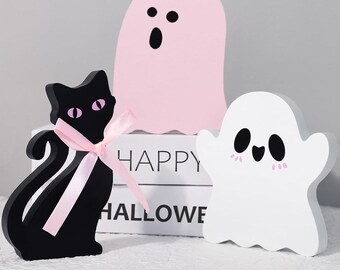 3Pcs Pink Cute Halloween Decor, Pink Ghost Decor Pastel Halloween Tiered Tray Decorations Indoor Ghost Cat Wooden Decors for Office Home