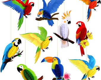 Tropical Birds Honeycomb Paper Cutouts, Parrot Honeycomb, Hawaiian Summer Beach Luau Party Hanging Decorations