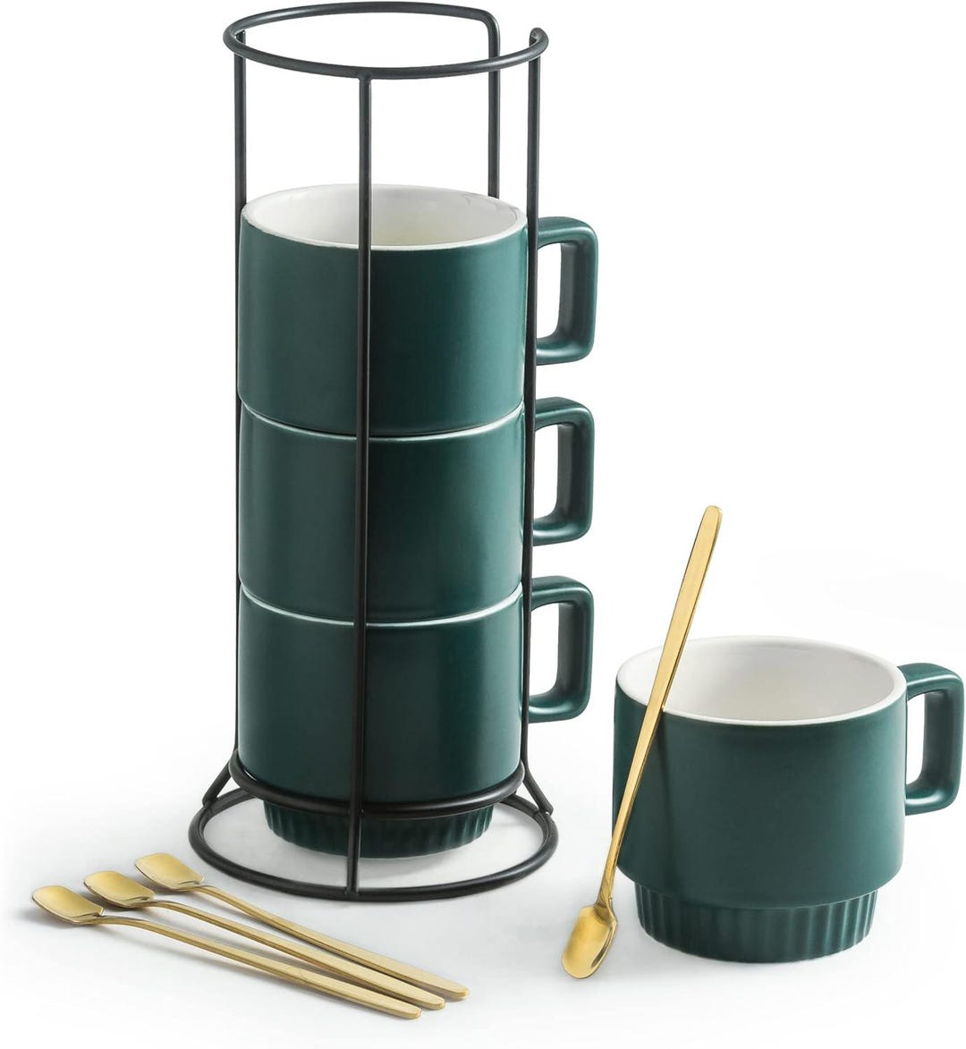 Stackable Coffee Mugs Set of 4 With Holder Spoons 11oz Ceramic ...
