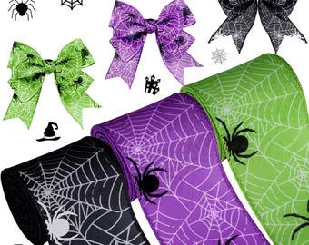 3 Rolls 15 Yards Halloween Ribbon Edge 2.5 Inch Halloween Spider Web Wired Ribbons Colorful for Home Party Decor Wrapping