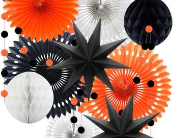 Orange White Black Vintage Halloween Party Decorations Kit Tissue Fans, Star Paper Lanterns, Honeycomb Balls & Circle Garland