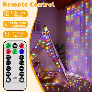 May include: A white remote control with black buttons for LED string lights, featuring text for 8 lighting modes, 4 brightness levels, and 3 timer modes. The remote includes buttons for ON, OFF, timer settings, and various light patterns.