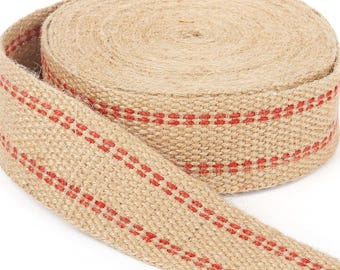 10 Yards Width 2" Roll Natural Burlap Red Line Jute Webbing Ribbon Upholstery Chair Webbing Tape for Outdoor DIY Gear Repai (Red Stripes)