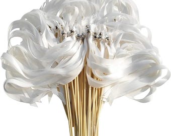50 PCS Ribbon Wands with Triple Ribbon and Silver Bell Party Wand Party Favors Streamers Ribbon Sticks Magic Fairy Wands for Wedding Decors.