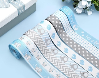 8 Roll Baby Elephant Grosgrain Ribbon 7/8 Inch Baby Shower It's a Boy/Girl Foot Print Ribbon for Gift Wrapping Shower Gender Reveal Party