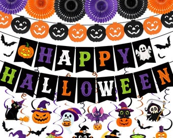 32Pcs Halloween Party Decoration Sets, Happy Halloween Banner, Pumpkin Banner, Paper Fans, Hanging Swirls and Bat Wall Halloween Stickers