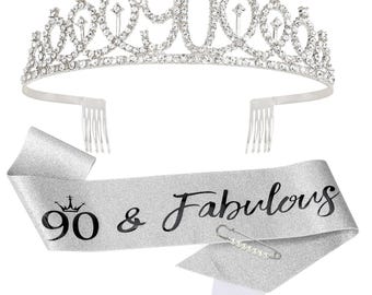 90th Birthday Decorations: Silver Tiara & Sash, Women's 90th Birthday Gifts