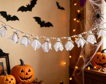 Halloween Ghost Garland Halloween Decor Indoor, 4FT, Hanging Ghost Decor for Fireplace Mante, Halloween Party Vintage Spooky Room
