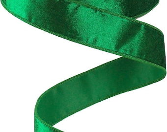 Green Velvet Ribbon 1.5 Inch Wired 25 Yards Spool for Christmas Tree, Wreaths Supplies, Bows - Emerald Crushed Velvet