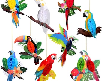 Tropical Birds Honeycomb Paper Cutouts Rio Luau Party Hanging Decorations Rainforest Hanging Paper Birds Hawaiian Summer Parrot