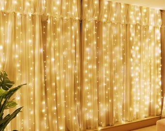 300LED Fairy Curtain Lights, 9.8x9.8Ft Warm White USB Plug in 8 Modes Christmas String Hanging Lights with Remote for Bedroom Indoor