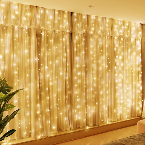 300LED Fairy Curtain Lights, 9.8x9.8Ft Warm White USB Plug in 8 Modes Christmas String Hanging Lights with Remote for Bedroom Indoor
