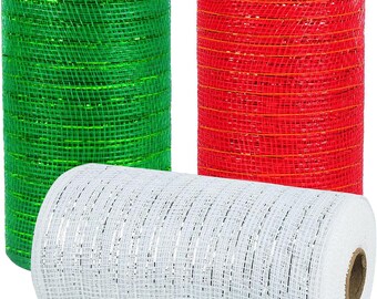 3 Rolls Mesh Ribbon for Wreaths,6 Inch x 30 Feet Each Roll Red Green White Poly Deco Mesh Roll,Christmas Ribbon for Wreath,Swags & Christmas