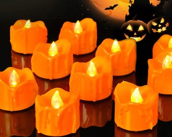 Halloween 12 Pack Orange Tea Lights, Small Dripping Candles, Battery Operated LED Tealights, Pumpkins Lights with Warm White Bulb, Flameless