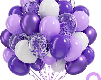 60 globos morados de 12 pulgadas con globos de confeti blanco oscuro y morado para baby shower y fiestas de cumpleaños.