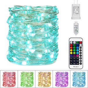 May include: A bundle of teal LED string lights with a remote control and power adapter. The remote has multiple color options and settings. Additional bundles of red, green, gold, purple, and blue lights are shown.