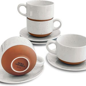 8oz Cappuccino Mug Set of 4 - Ceramic Coffee Cups with Saucers - Microwave and Dishwasher Safe, Perfect For Tea, Espresso, Latte