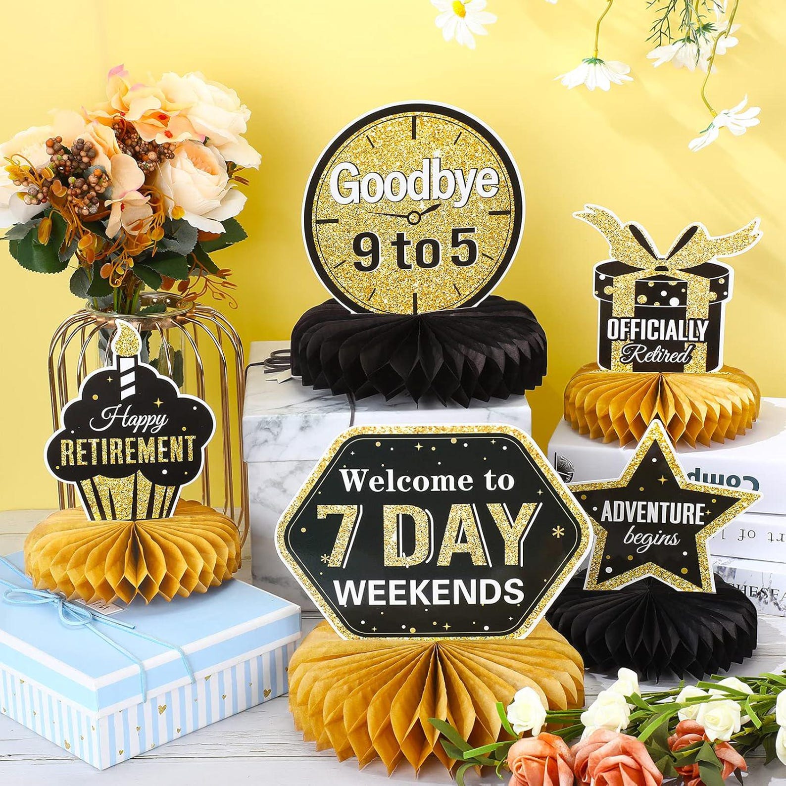 8 Pieces Retirement Centerpiece Party Table Decorations Gold and Black