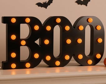 Halloween Decorations Indoor, 13" Wooden BOO Light Up Letters Sign, Vintage Farmhouse Halloween Table Decor Centerpieces for Kitchen Bedroom
