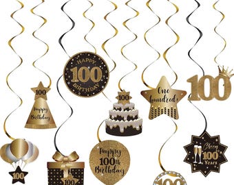 Happy 100th Birthday Party Hanging Swirls Streams Ceiling Decorations, Celebration 100 Foil Hanging Swirls with Cutouts
