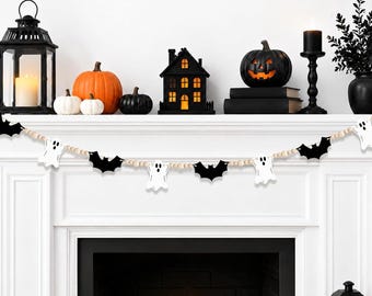 Halloween Decor Pre-Assembled Wooden Ghosts Bats Beads Garland 5.7FT, Farmhouse Halloween Decorations Garland for Indoor Fireplace Mantle
