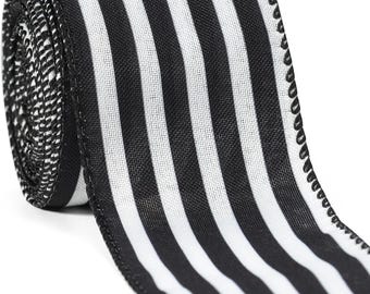 Christmas Ribbon for Tree, Black and White Ribbons Wired Vertical Stripes Fabric Ribbon Gift Wrapping DIY Craft Wreath Garland Making Xmas