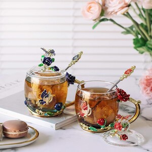 Floral Glass Tea Cups with Lids, Pack of Flower Tea Cups, Fancy Tea Cups, Fancy Glass Cups, Flower Teacup, Tea Cups for Women, Pretty Glass