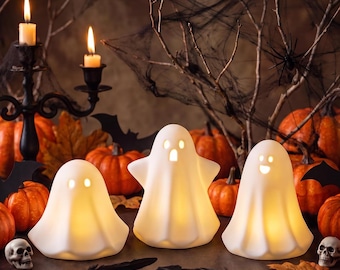 3PCS Light Up White Ghosts for Halloween Decorations, 3PCS Halloween Decorations Indoor, LED Ceramic Ghost, Tray, Shelf, Bedroom Decor