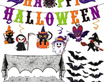 Halloween Decorations Indoor Set, Festive Decor Happy Halloween Banner Hanging Swirls Spider Web Table Mantel Runner & 3D Bat Sticker