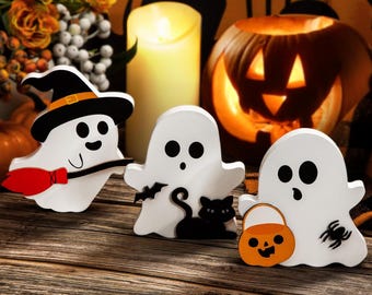 3 Cute Ghost Halloween Decorations Indoor Set Ghosts Table Sign, Wooden Ghost Tiered Tray Decor Black Cat Witch Broom Lantern Blocks