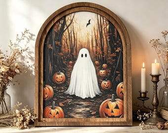 Halloween Wood Framed Arch Sign, Haunted Halloween Ghost Decor, Moody Ghost in Spooky Forest Country Cottage Halloween Decorations Indoor