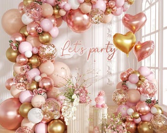 Rose Gold Balloon Garland Arch Kit, 140Pcs Nude Pastel Pink Metallic Gold White Balloons Gold Rose Gold Confetti Balloons Heart Foil Balloon