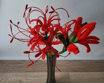 Buquê de Lírios-aranha Vermelhos | Flores Artesanais com Hastes de Chenille | Lycoris Radiata Artificial | Decoração Moderna para Casa