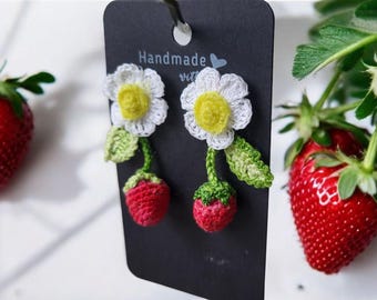 Crochet Strawberry Daisy Earrings | Handmade Fruit Flower Dangle | Cottagecore Jewelry | Spring Summer Gift for Her