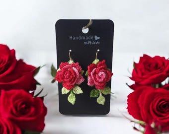 Red Rose Crochet Earrings | Handmade Flower Dangle Earrings | Valentine&#39;s Day Gift | Romantic Floral Earrings with Leaves