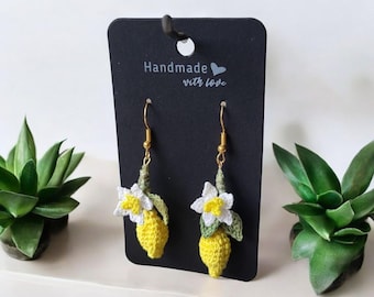 Pendientes de limón de crochet con flor / Joyas cítricas de verano