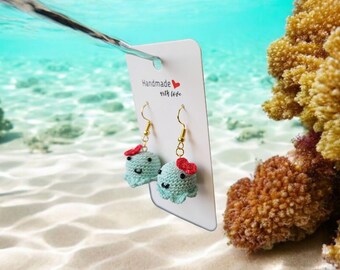 Cute Crochet Octopus Earrings | Mint Green Kawaii Miniature Ocean Jewelry | Quirky Handmade Dangle Earrings | Nautical Gift for Her