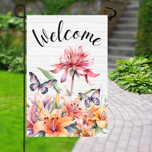 Garden Flag Welcome Sublimation Design: Florals and Butterflies (12x18 inch, Digital Download)