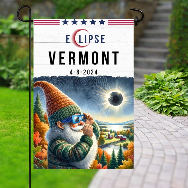 Garden Flag Sublimation, 12x18 inch, Gnome seeing solar eclipse view in Vermont 2024 in white background, Yard Flag, Digital Design