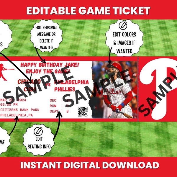 Instant Download, Phillies Ticket Game, Baseball Ticket, Baseball Editable Ticket, Philadelphia Phillies Ticket Editable, Phil Ticket