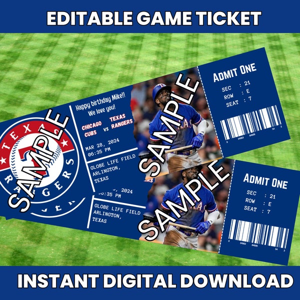 Instant Download Editable Printable, Texas Rangers Ticket Game, Texas Ranger Editable Ticket, Rangers Birthday Ticket, Rangers Invitation