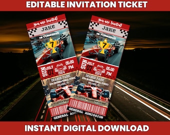 May include: Editable invitation ticket for a birthday party with a racing car theme. The ticket is red and white with a picture of a red race car and the text "You are Invited! Jake is turning 7". The ticket also includes the date and time of the party, the location, and the RSVP information.